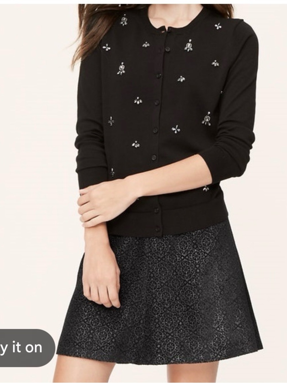 Ann Taylor Loft Embellished Beaded Cardigan Black Long Sleeve Cotton